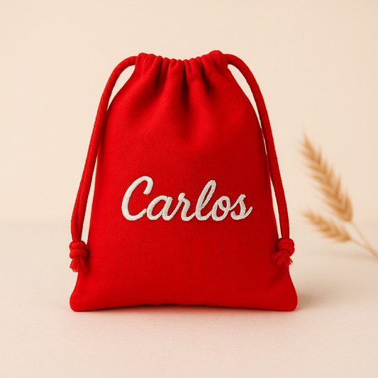 Bolsita personalizada con nombre bordado- 100% algodón (25x32 cm)