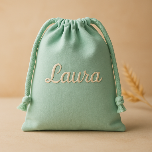 Bolsita personalizada con nombre bordado- 100% algodón (25x32 cm)
